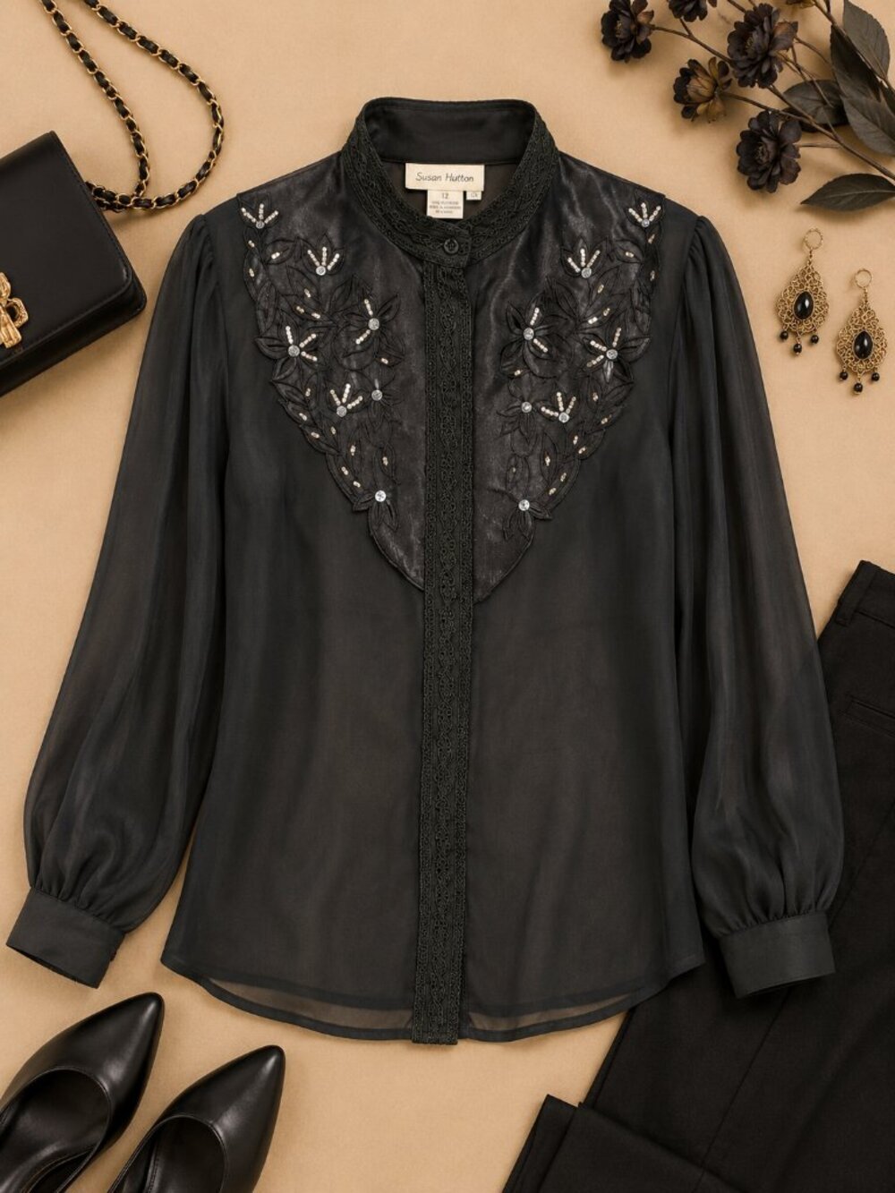 Susan Hutton Black Sheer Beaded Embroidered Blouse Size 12 Vintage Dressy Top